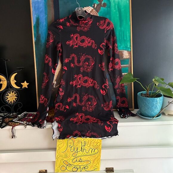 SHEIN Black and Red Dragon Print Midi Dress XS - Picture 4 of 15
